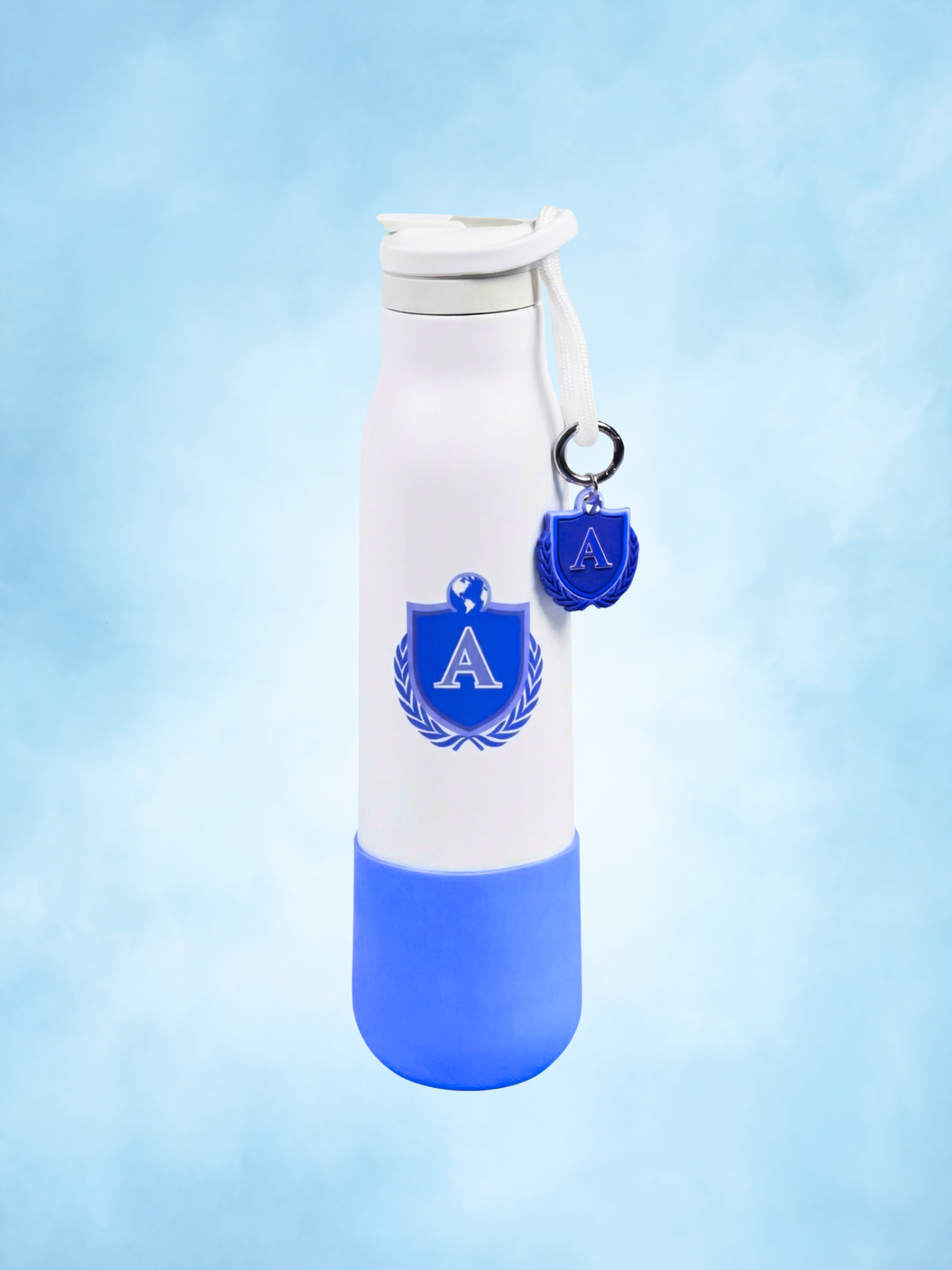White and blue water bottle with a logo on a light blue background Alan's Universe