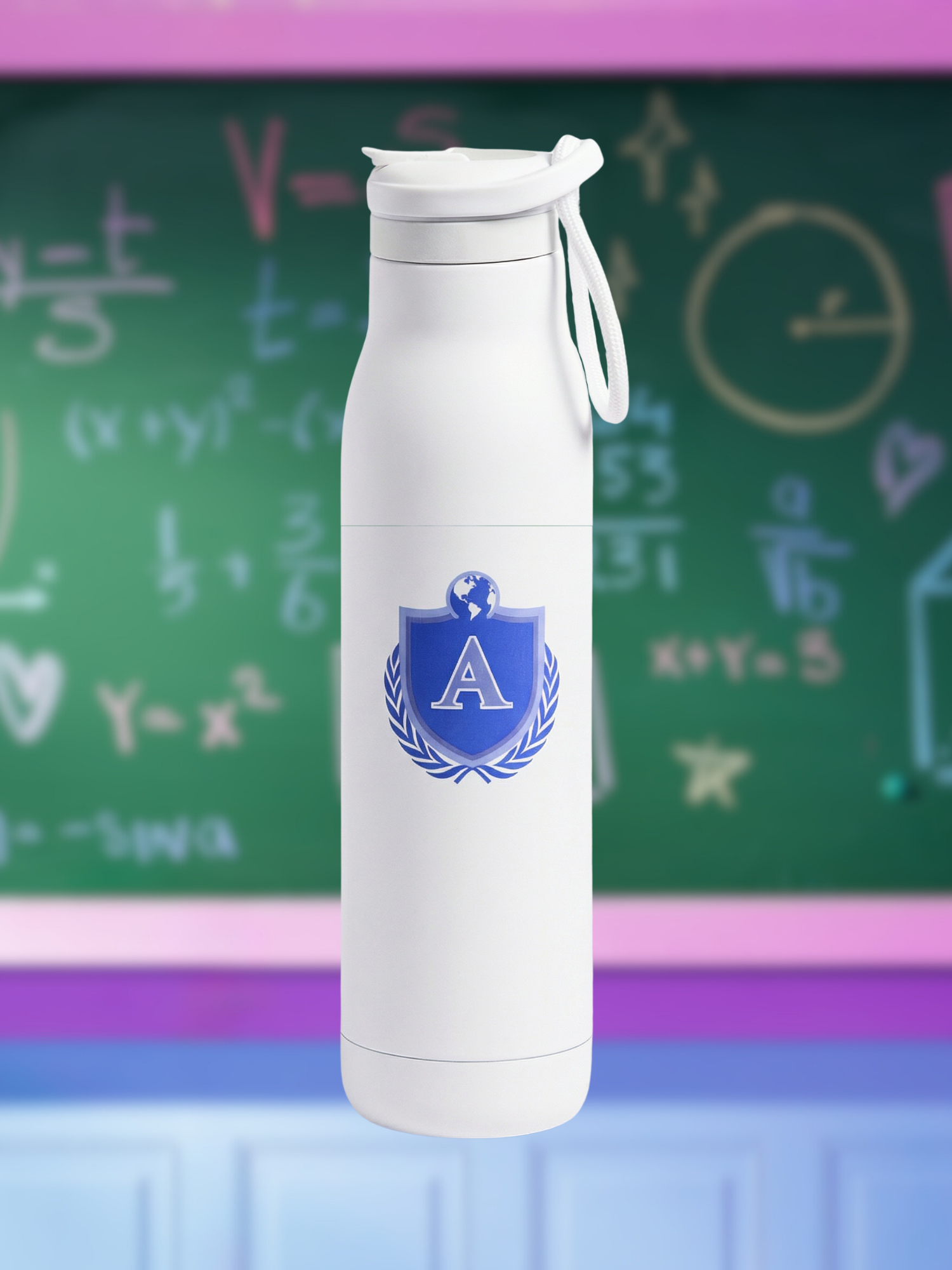 Alan's Universe White water bottle with a blue emblem on a green chalkboard background