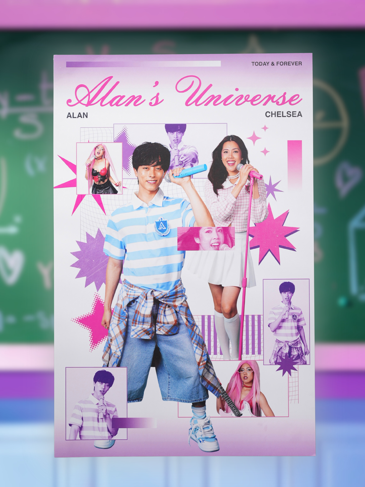 poster for 'Alan's Universe' featuring two people with colorful designs and text.