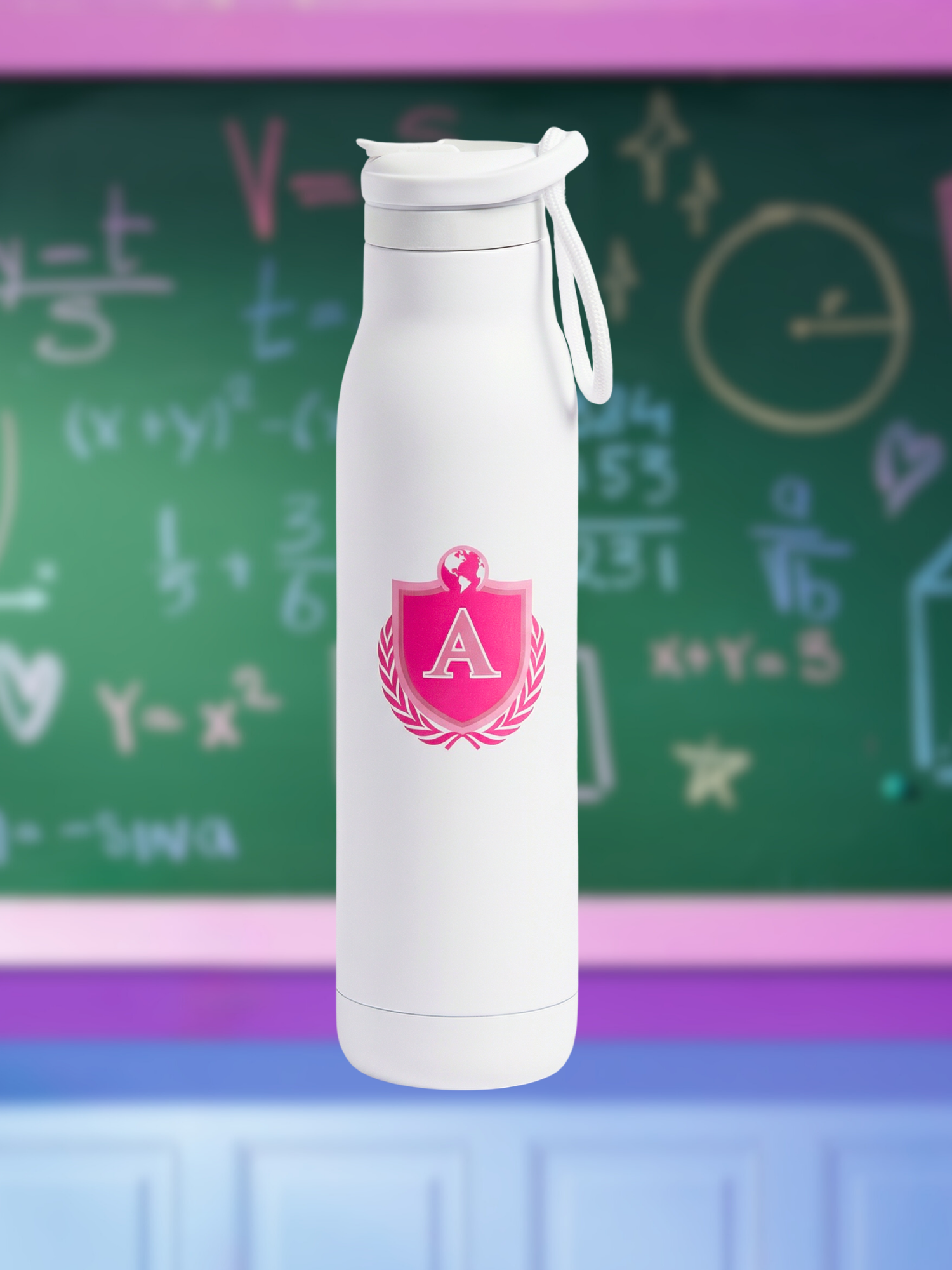 White water bottle with pink emblem on a green chalkboard background
